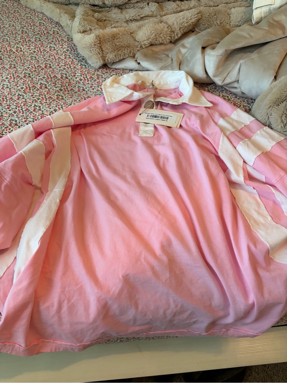 Ladies Pink Long Sleeve Rugby Tee with White Collar